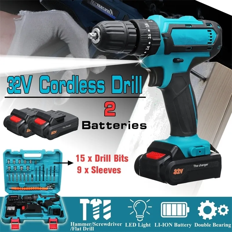32V Max Cordless Drill 2 Batterier Elektrisk skruvmejsel 2 Speed ​​Impact Drill Power Driver 3 In1 Hammer Electric Hand Drill 201225