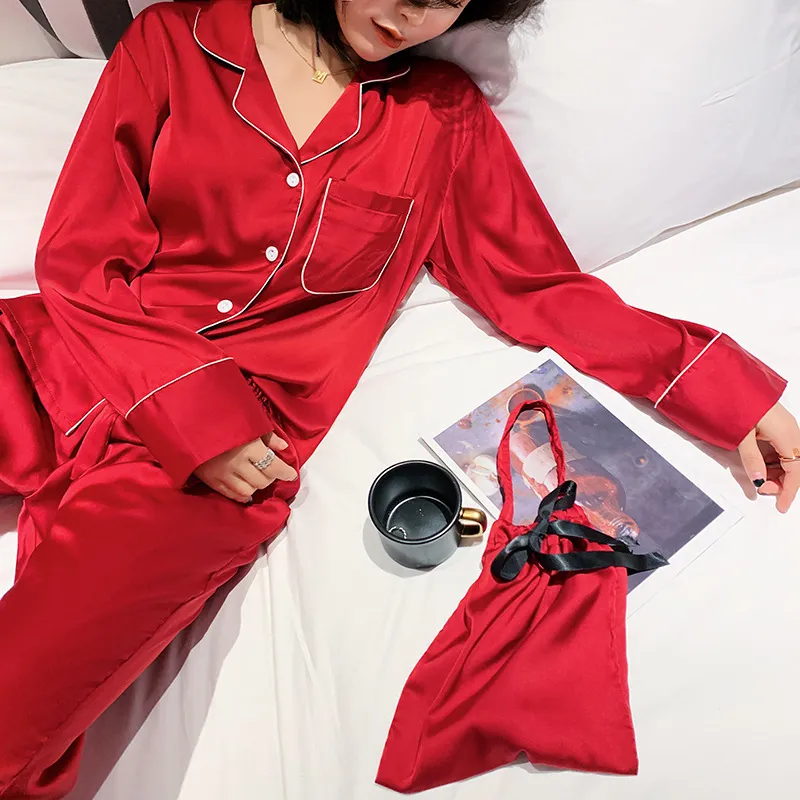 Pyjama Femme 2 Pièces En Satin - Chemise De Nuit Boutonnée Manches Longues - Confortable Pour La Maison Ou Le Sommeil