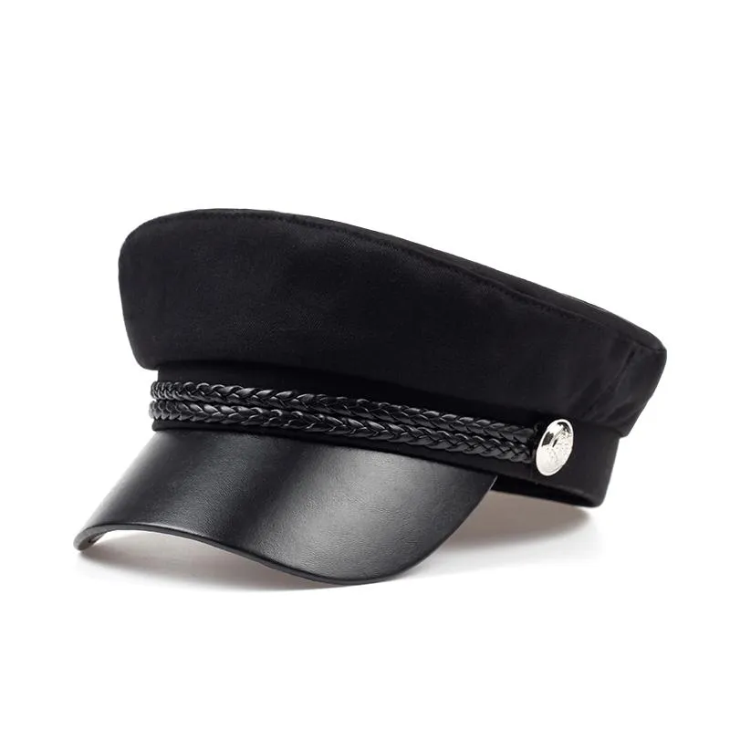 2020Female hat spring 100% cotton navy hat fashion black leather fixed crown silver buckle winter warm Berets cap