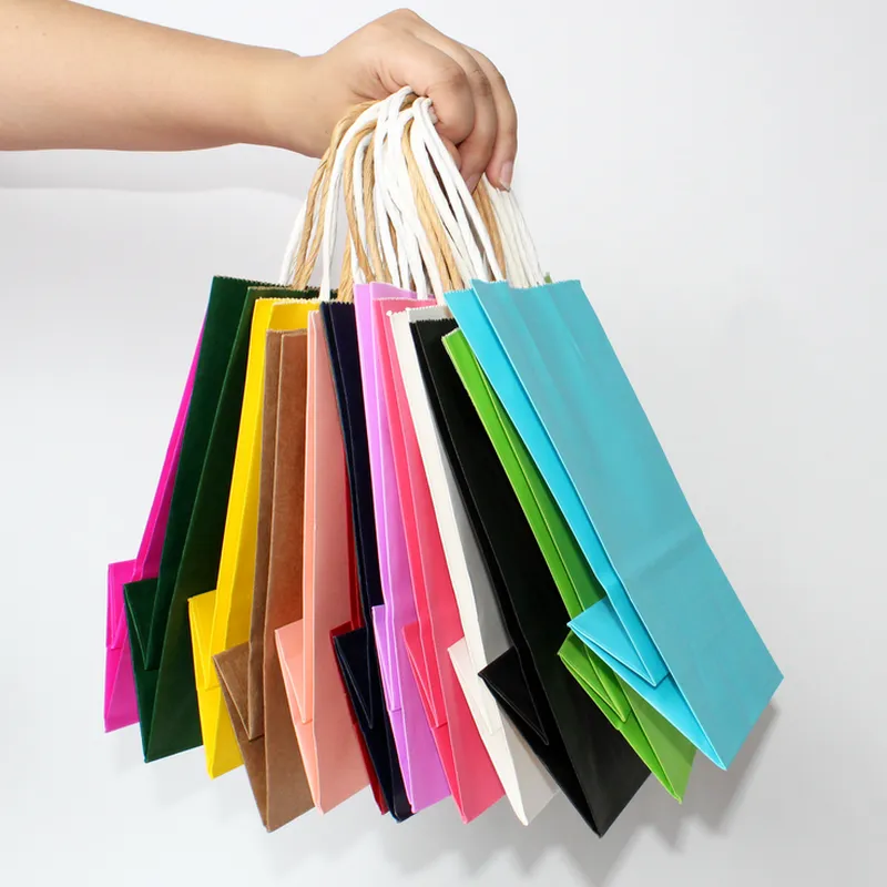 Sacos de embalagem de compras de papel DIY cores multifunções kraft papers saco com alças festival festival festival saco takeaway