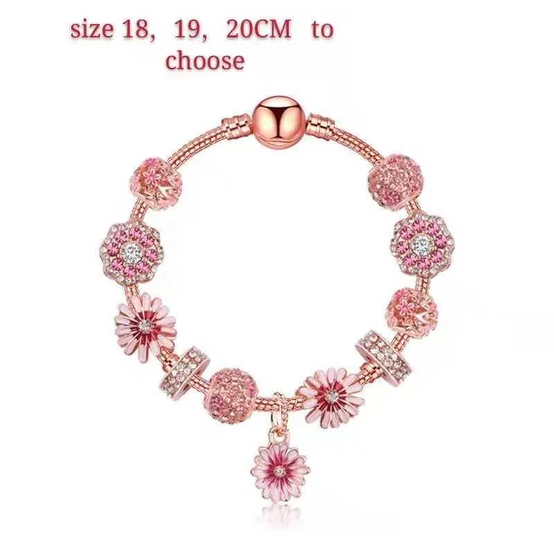 Pequena margarida charme pulseiras rosa ouro encantos contas para menina presente cobra corrente diy jóias acessórios dia dos namorados pulseiras257a