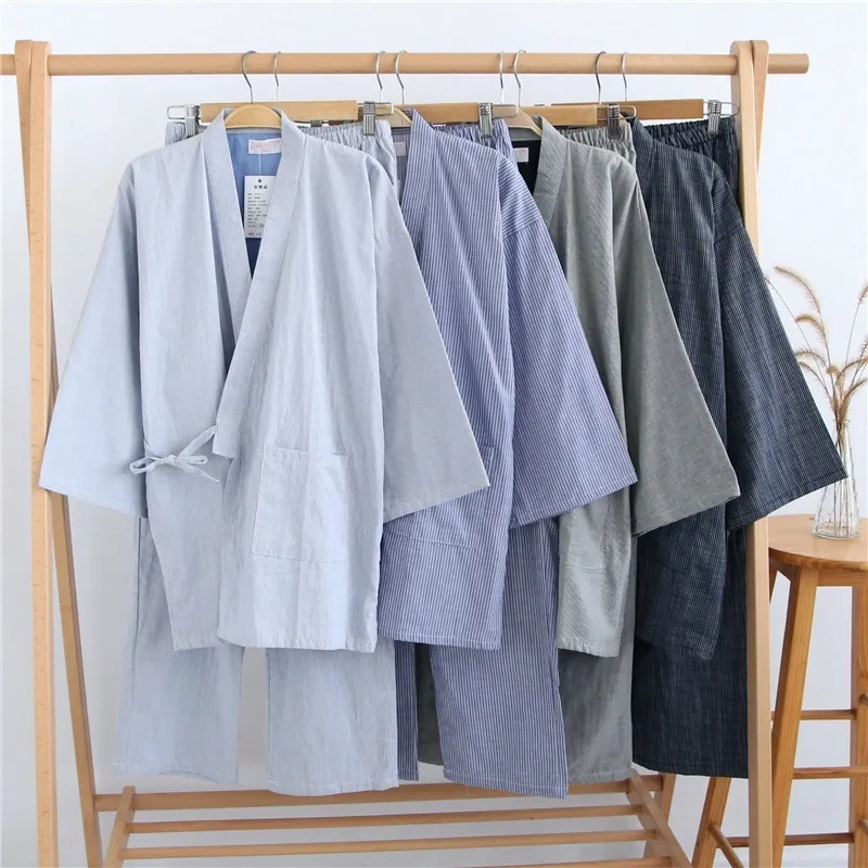 Homens de verão 100% gaze algodão kimono pijama conjunto japonês pijama tradicional quimono macho pijama vestes terno 032205 201109