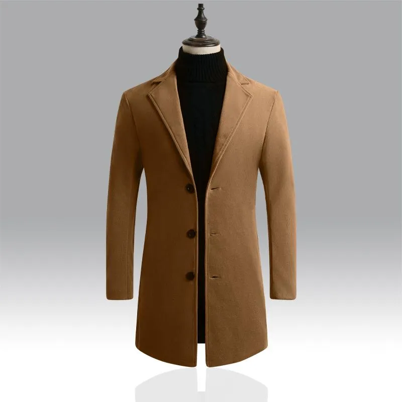 Men's Trench Coats Autumn Winter Mens Brand Fleece Blends Jacket Male Overcoat Casual Solid Slim Collar Long Cotton Coat Streetwear