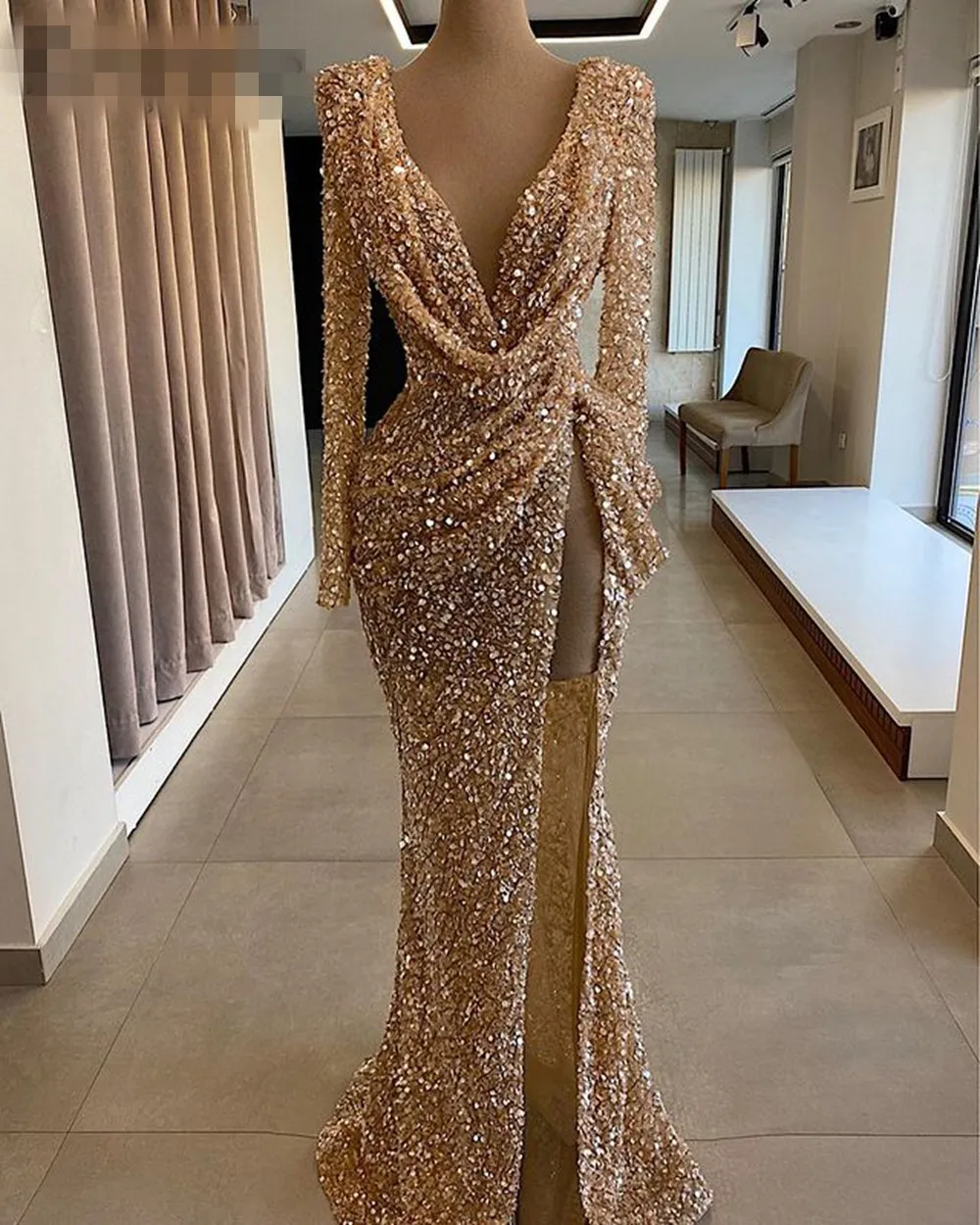 Long Sparkly Evening Dresses 2021 Long Sleeves Sexy High Slit deep V-neck  Mermaid Rose ruched Gold Sequined Dubai Women Formal Gowns