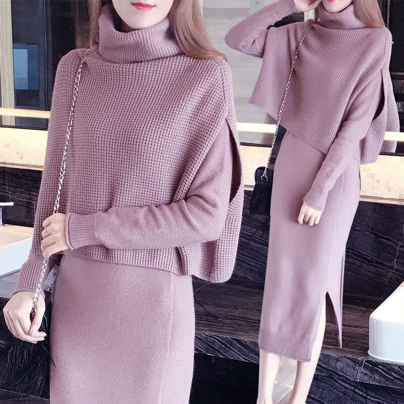 Casual Jurken 2021 Winter Twee Stukken Dames Trui Elegante Turtleneck Cape Lange Mantel Mouw Kasjmier Solid Split Bodycon Breien Jurk