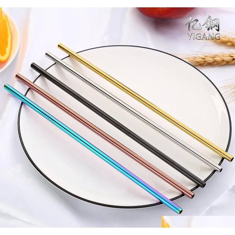 colorful 304 stainless steel straws reusable straight bent metal drinking straw with cleaner brush party bar accessory