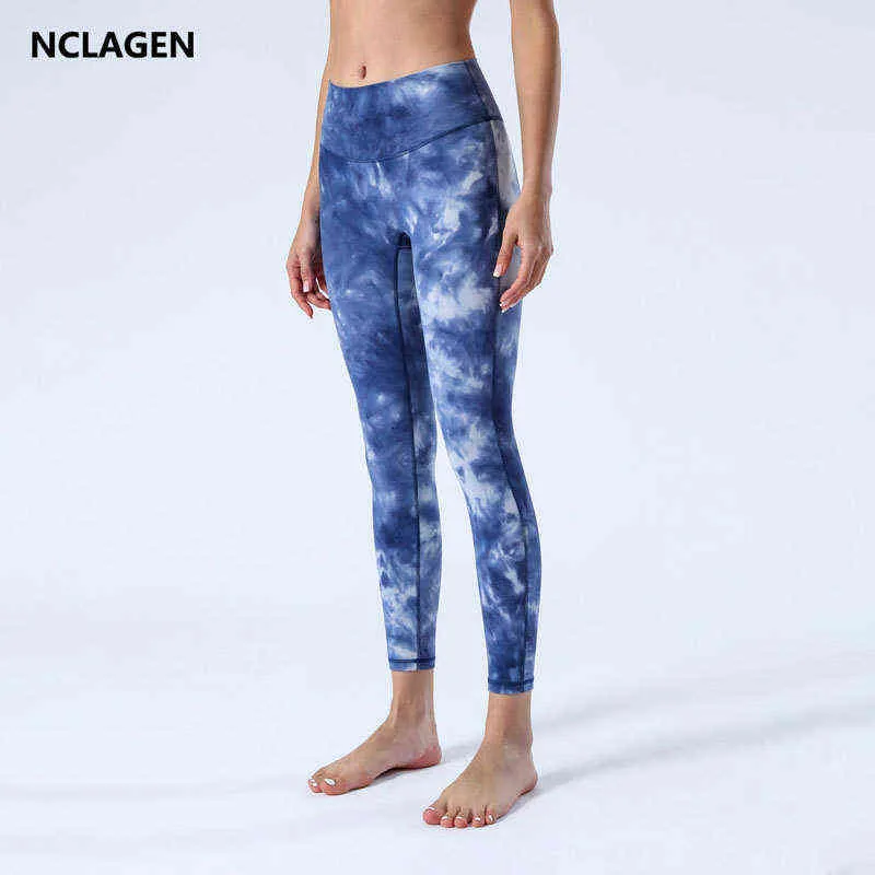 Nclagen Naked Feel Yoga Pants Kobiet krawat barwiony fitness wysokiej talii capris bez przedniego szwu legginsy przysiadowe szczupłe rajstopy h1221