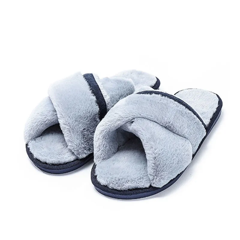 SWQZVT Furry slippers women 2020 new cross faux fur indoor bedroom ladies slippers non-slip plush winter sleepers women shoes (17)