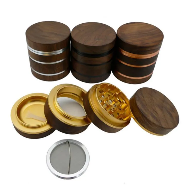 Walnut smoke grinder Aluminum alloy with wood smoking sharpener 63mm Four-layer High quality smokes pulverizer SN6193