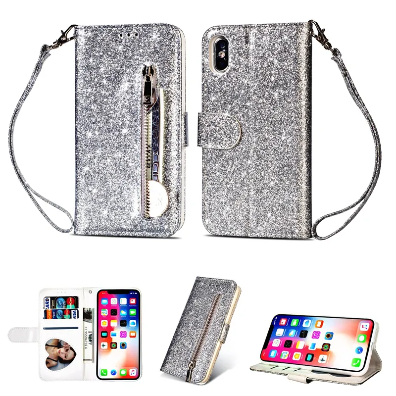 Kartenhalter PU-Leder-Geldbörsenhülle mit glitzerndem Glitzer für Samsung Galaxy S7 Edge S8Plus S9Plus S10Plus S20PLUS S20UItra Note8 9 10 10Plus