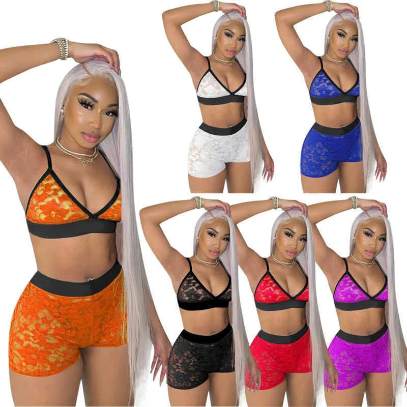 Women Lace Sleepwear Sexy 2 piece outfit Transparent Sheer Mesh Two Pieces Women Shorts Set