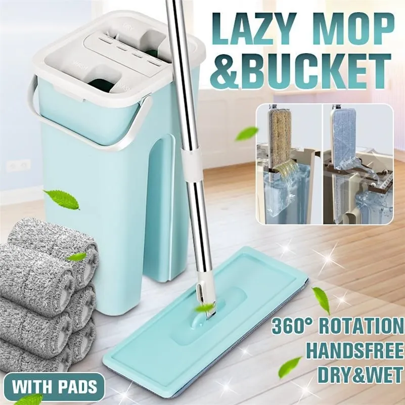 Hand Free Wringing Flat Squeeze With Bucket Microfiber Floor Cleaning Spray Mop Dry Wet Dual Use Home Mops T200703