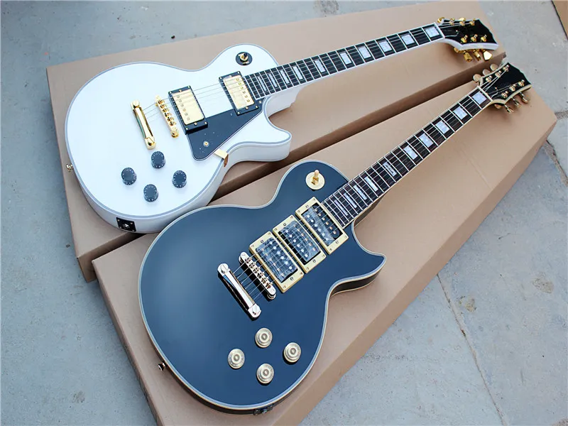 Fabrika özel Siyah gövde ve sabit köprülü Beyaz Elektro Gitar, Gülağacı Klavye, Altın Donanım, özelleştirilebilir