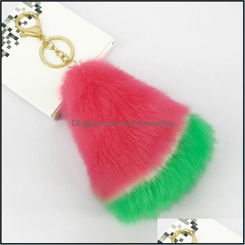 Hot Fashion Pom Pom Key Chain Cute Watermelon Shape Fur KeyChains For Girls Bunny Keyring Car Chic Fruit Design Bag Charm