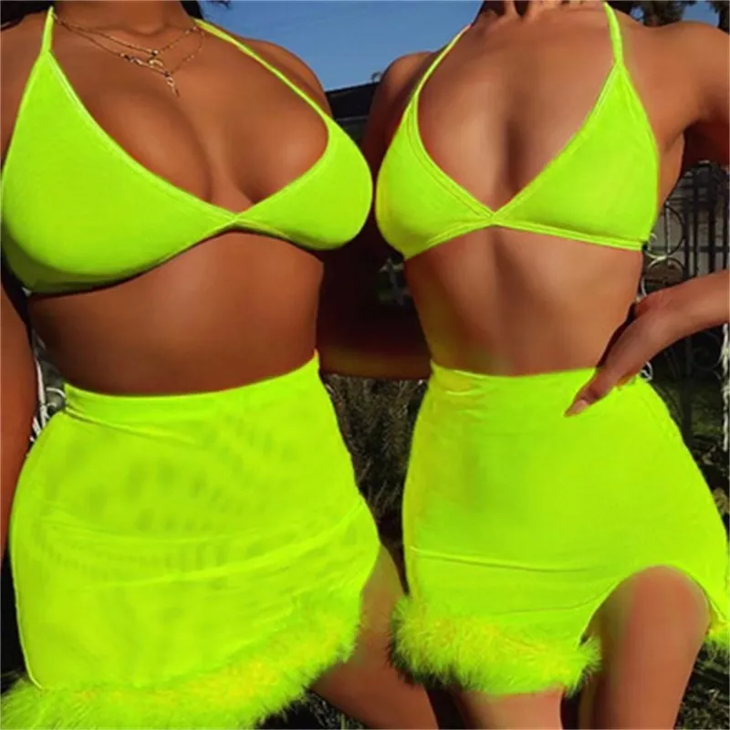 Sexy Donne Mesh Sheer Neon Green Fluffy Surnyless Camis Crop Top e Split Mini Gonne Due pezzi Beach Beach Abiti Abiti T200702