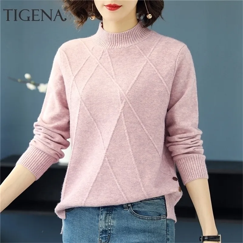 Tigena meio suéter de turtleneck mulheres outono inverno de manga longa pulôver camisola feminino de malha tops jumper senhoras knitwear 201221