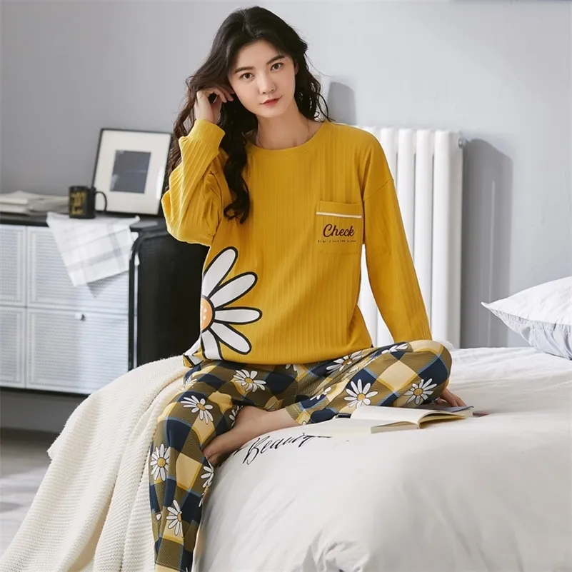 MELIFLE Autumn Fashion Korean Silk Pajama Set for Women 100% Cotton Satin Atoff Home Sleepwear Winter Warm Soft Kawaii Nightwear 201217