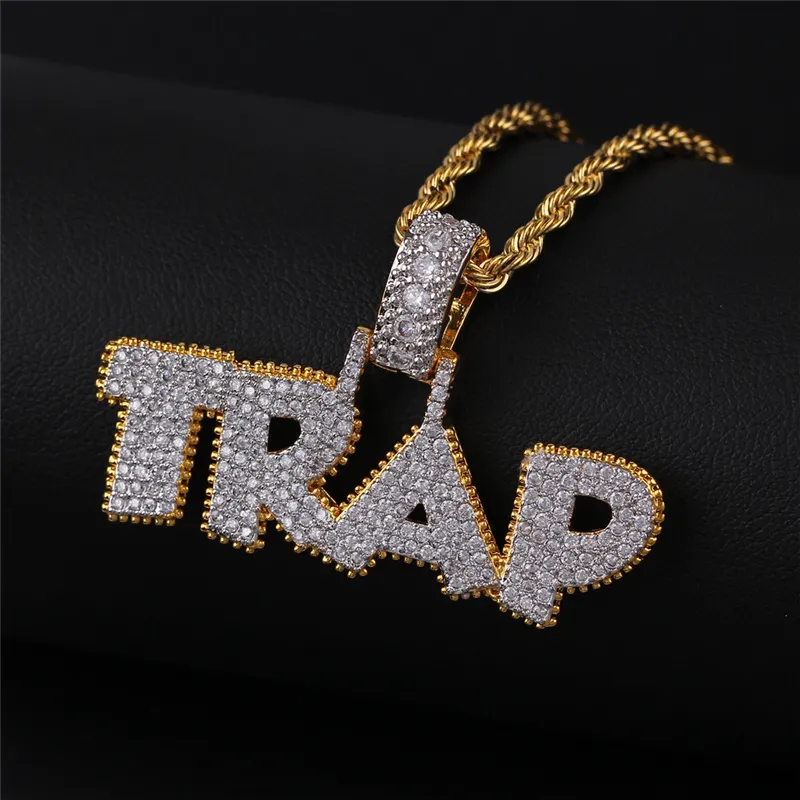 Gelbgoldfarbene Bling Ice Out CZ TRAP-Anhänger-Halskette mit 24-Zoll-Seilkette für Herren-Rapper-Schmuck