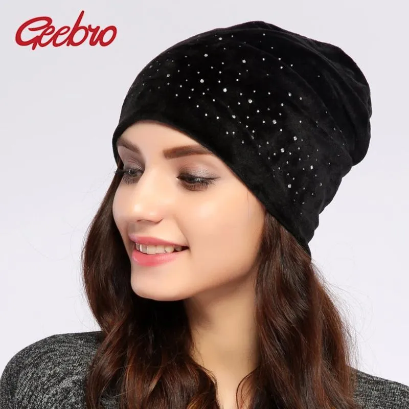 New Women's Beanie Hat Casual Velvet Beanie For Women Shine Rhinestones Beanies Balaclava Bonnet Cap Female