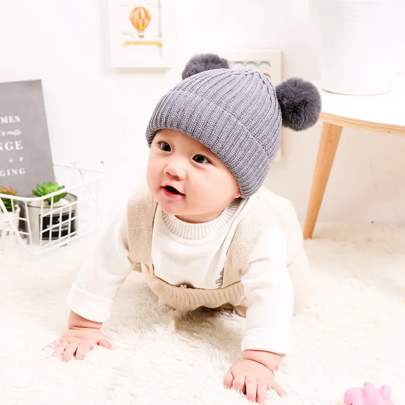 1-5 Years Winter Kids Beanie Acrylic Knitted Hat Pompommed Hat Double Fur Ball Infant Knit Caps