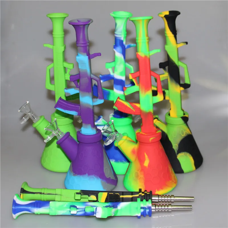 11 "bong bécher narguilés AK-47 mitrailleuse Bongs en verre Kits de tuyaux d'eau capiteux shisha narguilé verre épais Dab Rig silicone fumer Pipes à tabac Portable