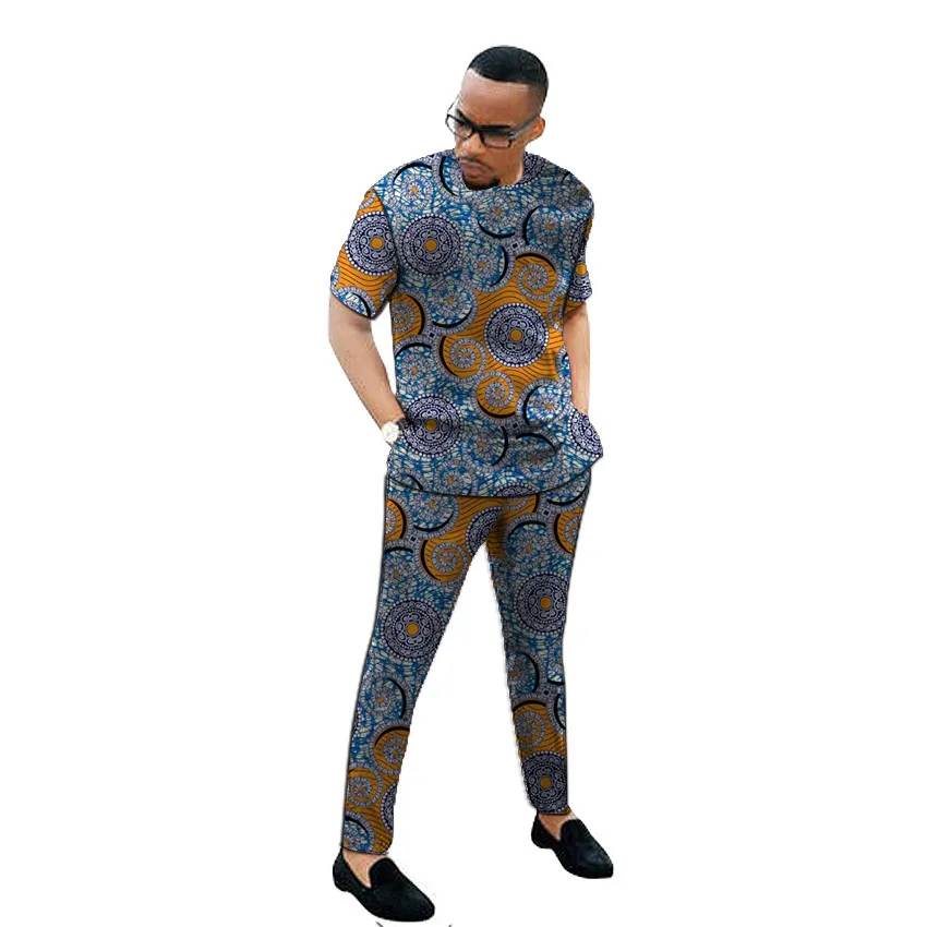 African print men's set clothing kente tops matching trousers 2 pieces Ankara outfits shirt+pant custom made man groom suits LJ201125