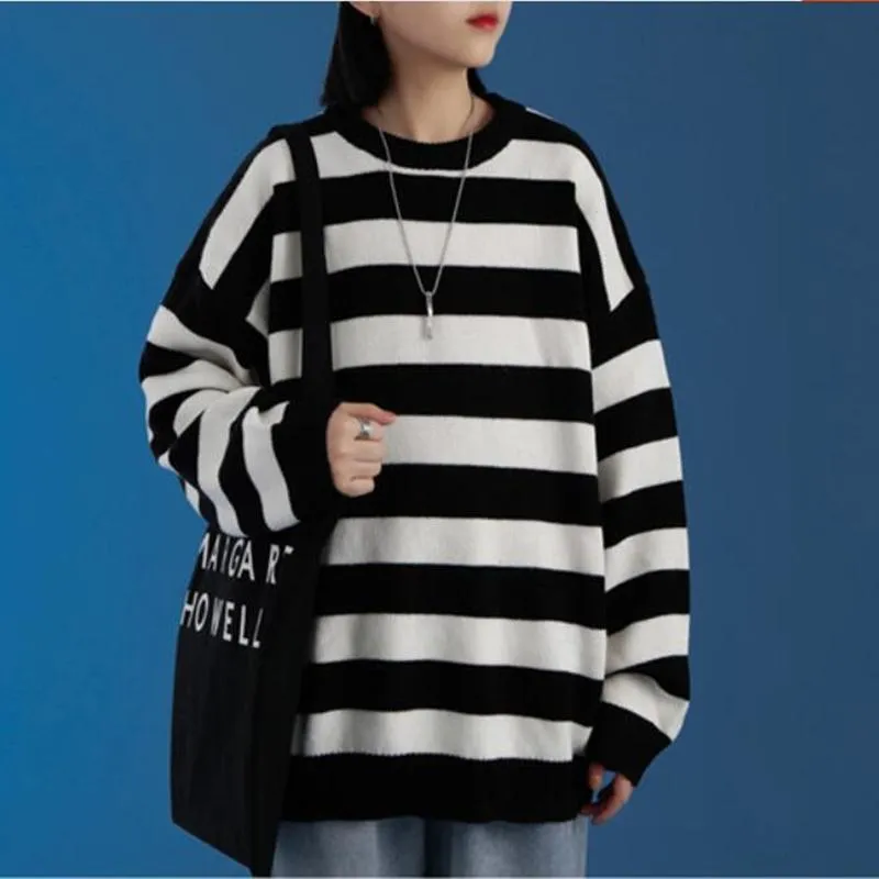 Męskie Swetry 2022 Moda Zielony Czarny Stripe Sweter Dzianiny Mężczyźni I Damska Jesień Zima Okrągły Neck Casual Trend Pullover Odzież S-2XL