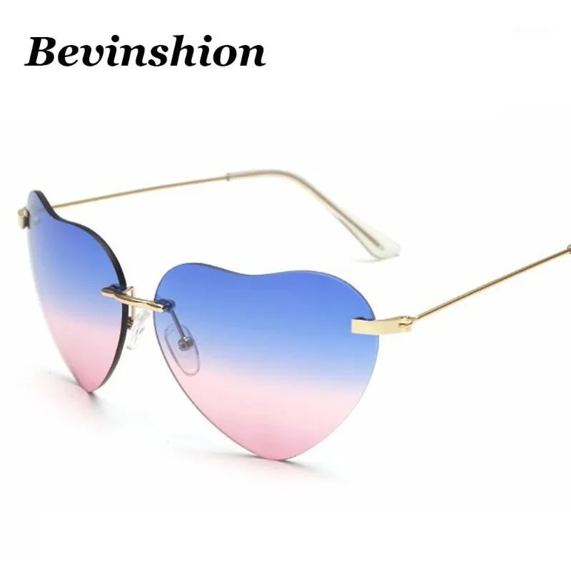 Беззаконные солнцезащитные очки сердца без оправы женщин негабаритные очки влюбленные солнцезащитные очки женский бренд vintgae двойной цвет объектива розовый oculos new1