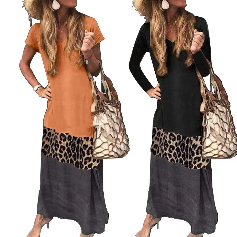 Plus Size Women Casual Loose Long Dress Contrast Color Leopard Stitching Dress Short-Sleeve Print V-Neck Dresses Summer Vestido