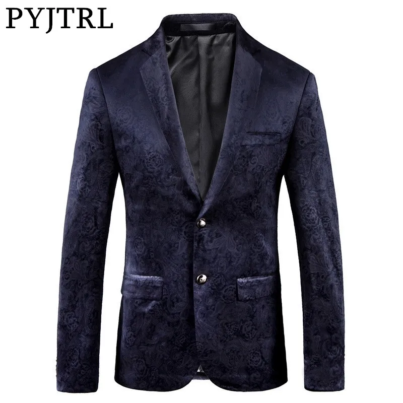 Pyjtrl мужской ретро винтажный темно-синий цветочный принт повседневный бархатный пиджак homme дизайн casacas мужская пальто тонкий подходящий костюм куртка lj201103