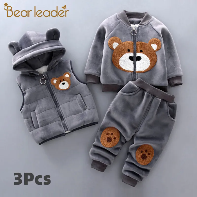 Bear Leader Baby Boy's kleding katoen warm pak cartoon plus fluwelen gewatteerde trui baby meisje kleding hooded vest driedelig lj200916