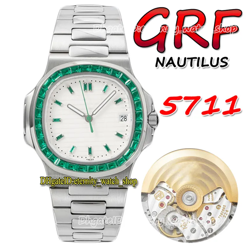 2022 GRF 5711 324SC A324 Reloj automático para hombre Emerald Iced Out Diamond inlay Bisel White Texture Dial Stick Markers SS Pulsera de acero Super Version Relojes Eternity