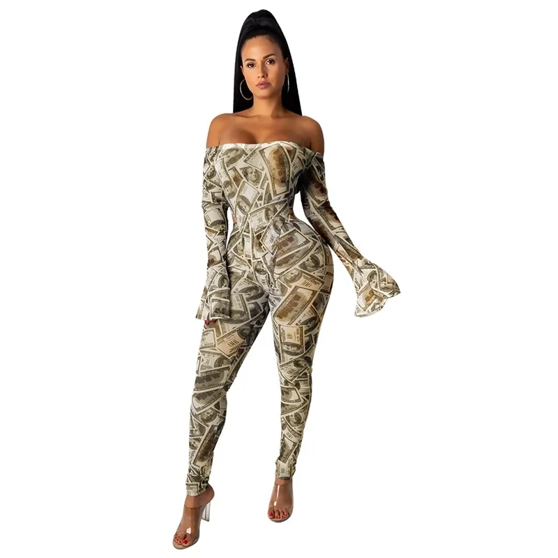 ZKYZWXSexy Mesh Dollar Money pajacyki kombinezon damski modne kombinezony odzież jesienna jednoczęściowy strój kombinezony z odkrytymi ramionami 201007