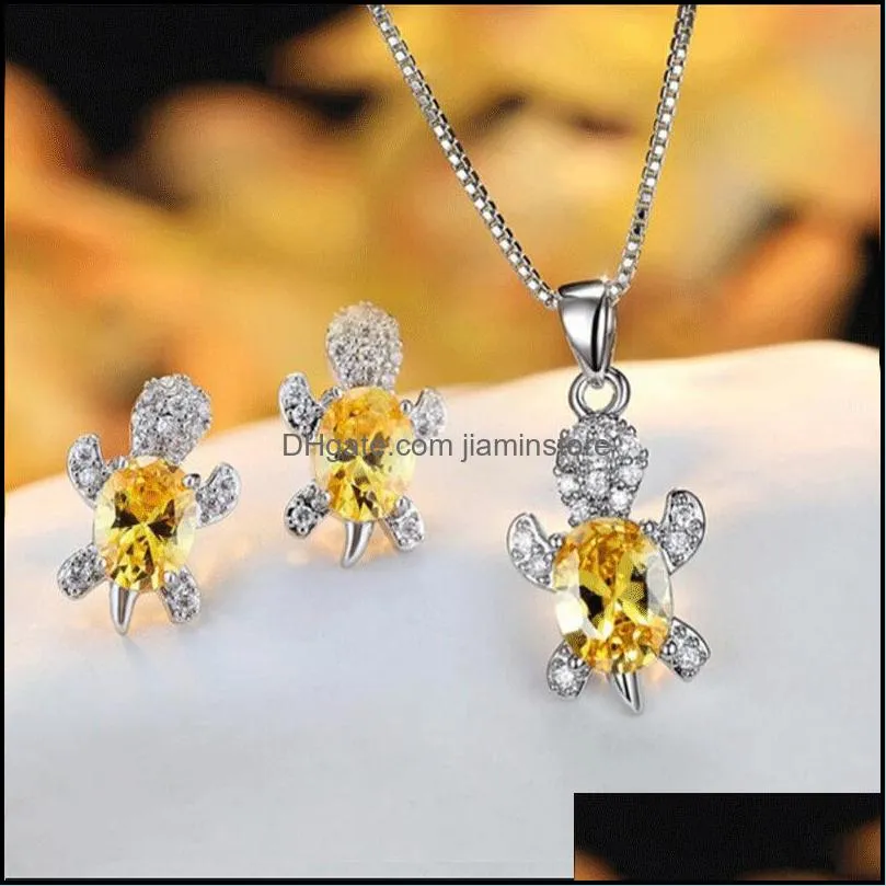 Blue Purple Oval Zircon Turtle Stud Earrings and Chain Necklaces For Women Wedding Jewelry Sets Rainbow Crystal Stone Bridal Se