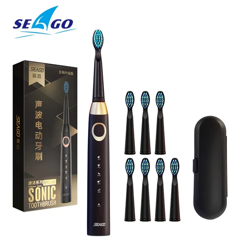 Seago Sonic Electric Toothbrush USB Rechargeable 5 Modes Smart Ultrasonic Toothbrushes Travel Case Oral Care Brush 8 Teeth Heads 220224