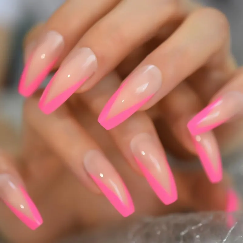 Uzun Akrilik Fransız Nail İpuçları Pembe Tasarımlar V Desen Tabut Yanlış Çiviler Cuva Nails Salon Profesyonel Ürünler