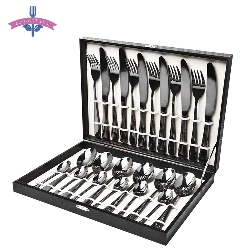 24pcs 칼 붙이 세트 스테인레스 스틸 식기 세트 검은 골드 flatware 세트 식기 숟가락 세트 파티 저녁 식사 나무 선물 상자 주방 201128