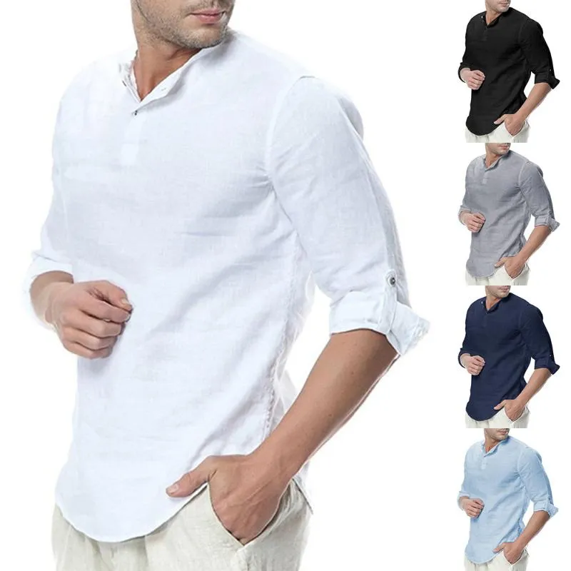 Новые мужские рубашки Летние с длинным рукавом хлопчатобумажные льняные повседневные дышащие рубашки сплошной цвет мужской мужской повседневной тонкой посадки