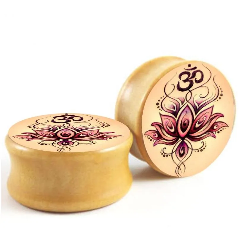 yoga body jewelry om symbol flower logo wood ear expansions stretcher gauge 6-16mm piercing plugs and tunnels