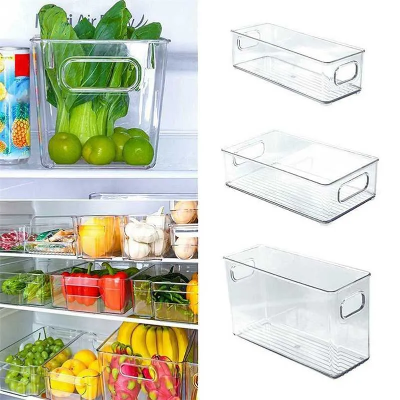 1pc 3 Sizes Refrigerator Organizer Plastic Transparent Stackable Drawer Food Storage Bins With Handles Kitchen Accessory 220118