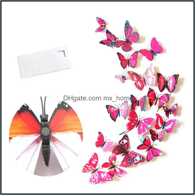 12PCS/LOT Decor 3D Butterfly Wall Sticker Magnet Fridge Cartoon Stickers Butterflies Pin PVC Removable Party Home Cloth Decors C1067