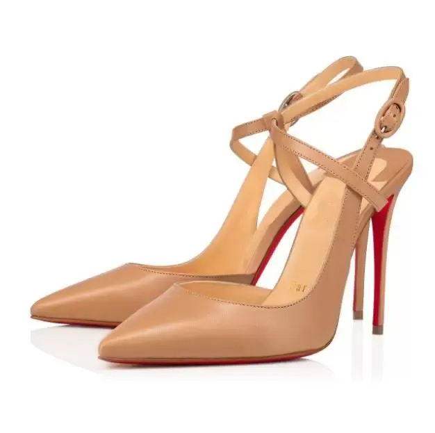 Летние женские сандалии на шпильке с красной подошвой. Обувь Jenlove. Натуральная кожа, замша, 100 мм. Ремешок с острым носком. Туфли телесного цвета на высоком каблуке с красной подошвой.