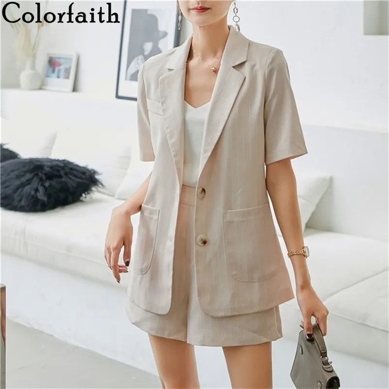 Colorfaith 2020 Ny sommar kvinna sätter 2 stycken matchande kort byxor Casual elastisk midja randig bomull och linne kostym ws1253 t200701