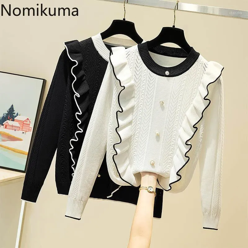 Women's Sweaters Nomikuma Korean Contrast Color Ruffle O-neck Knitted Pullover 2021 Autumn Long Sleeve Knitwear Sweet Women Top Jumper 6C389