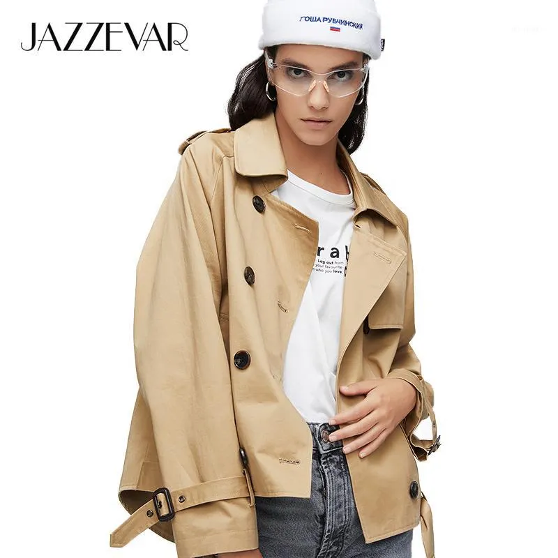 여성 트렌치 코트 Jazzevar 2021 도착 가을 코트 여성 패션 코튼 더블 브레스트 재킷 짧은 느슨한 의류 겉옷 9018-11