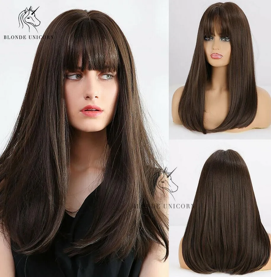 Long straight natural hair with bangs brown shades stripes cosplay wig women