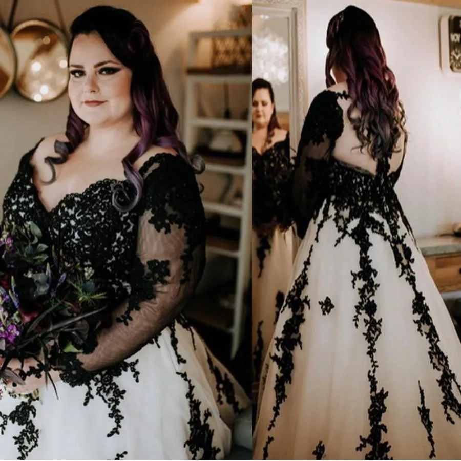 Vestido de casamento preto e branco mais tamanho para tamanho grande amor, chão de chão com trem longo vestidos de noiva feito sob encomenda