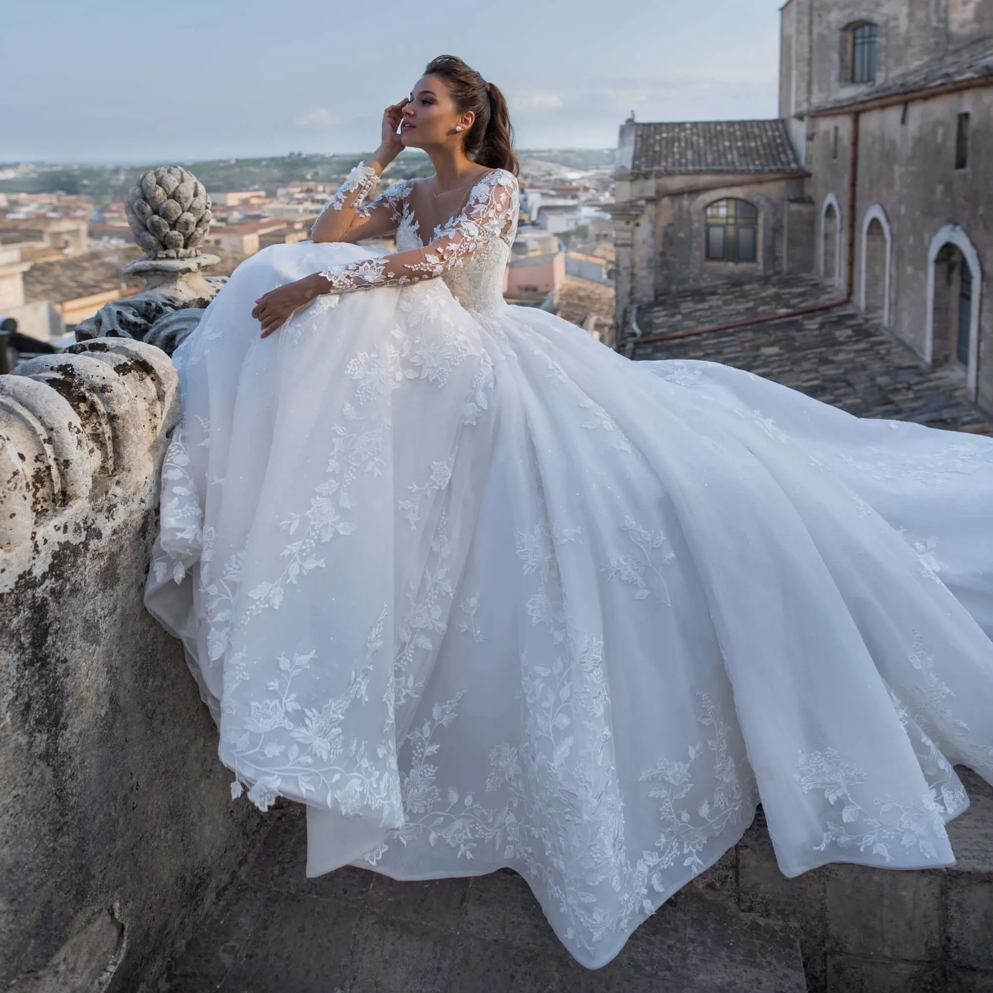 Sexy Lace Wedding Dress with Sheer Bodice and Long Sleeves