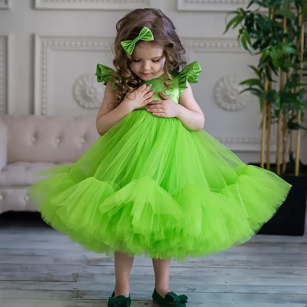 Ljusgrön blomma flicka tutu klänning 2022 ruffle ärmar te längd prinsessa baby flickor pageant klänningar puffy första gemenskapens födelsedag formell fest bär dragkedja tillbaka