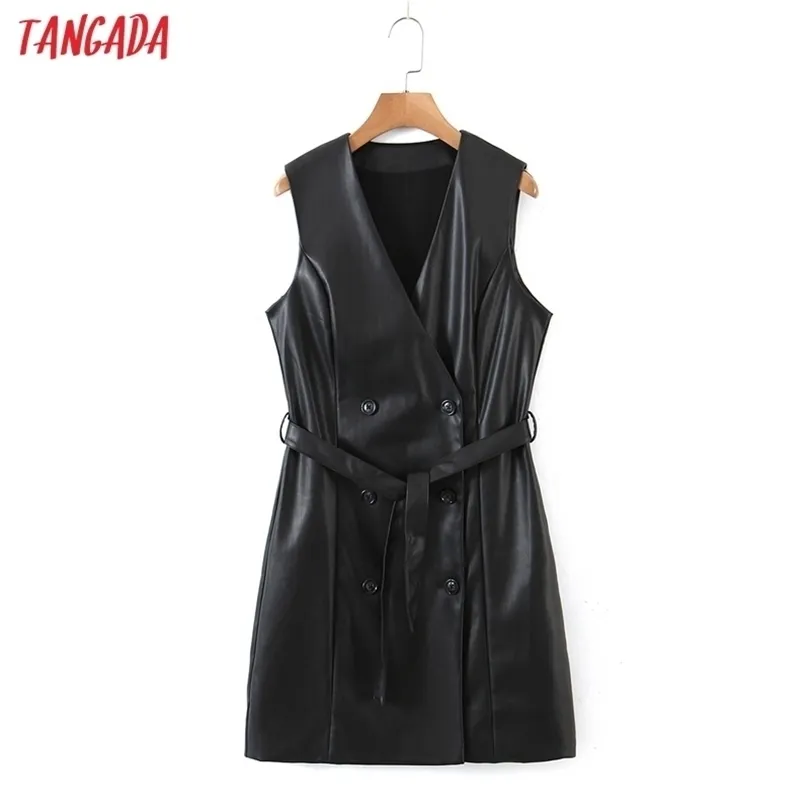 Tangada Women Black Faux Leather Long Vest Coat with Slash Office Ladies Waistcoat Sleeveless Blazer Double Breasted Top 8H13 211220